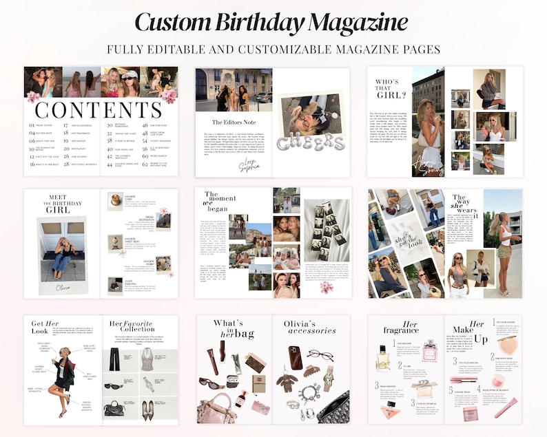 Personalized Birthday Vogue magazine template editable in Canva, luxury birthday gift for best friend, aesthetic Vogue inspired birthday magazine cover for bestie or sister, trendy TikTok and Pinterest photo collage scrapbook design, printable friendship memory book, customizable digital birthday keepsake with editable photos and text, modern fashion magazine style birthday newspaper template, DIY birthday surprise for girls.