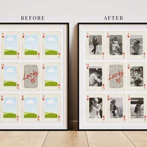 Romantic couple wall art featuring personalized playing cards with “Lucky Us” design, perfect for Valentine’s Day, anniversary, engagement, or last-minute gift, fully customizable Canva template, digital download, editable text, colors, layout and symbols, add multiple photos, initials, modern home decor for couples, sentimental and meaningful keepsake for lovers.