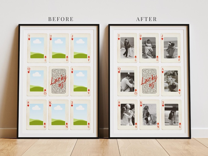 Romantic couple wall art featuring personalized playing cards with “Lucky Us” design, perfect for Valentine’s Day, anniversary, engagement, or last-minute gift, fully customizable Canva template, digital download, editable text, colors, layout and symbols, add multiple photos, initials, modern home decor for couples, sentimental and meaningful keepsake for lovers.