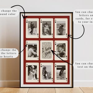Customizable digital couple poster inspired by playing cards with “Lucky Us” design, ideal Valentine’s Day gift, anniversary present, or last-minute romantic gift, fully editable Canva template, printable wall art, personalize text, colors, fonts, layout and card symbols, add multiple photos and initials, stylish modern couple home decoration, unique romantic keepsake.