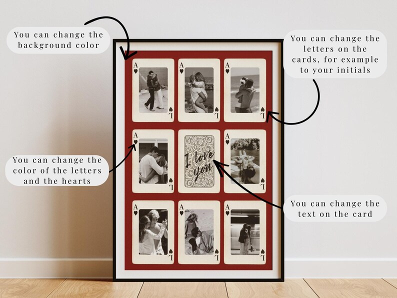 Customizable digital couple poster inspired by playing cards with “Lucky Us” design, ideal Valentine’s Day gift, anniversary present, or last-minute romantic gift, fully editable Canva template, printable wall art, personalize text, colors, fonts, layout and card symbols, add multiple photos and initials, stylish modern couple home decoration, unique romantic keepsake.