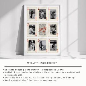 “Lucky Us” couple poster featuring personalized playing cards, perfect romantic gift for boyfriend or girlfriend, Valentine’s Day, anniversary, or last-minute present, editable Canva template, digital download, multiple photos, customizable initials, text, colors and card symbols, modern couple wall art, minimalist romantic home decor, sentimental and lasting keepsake.