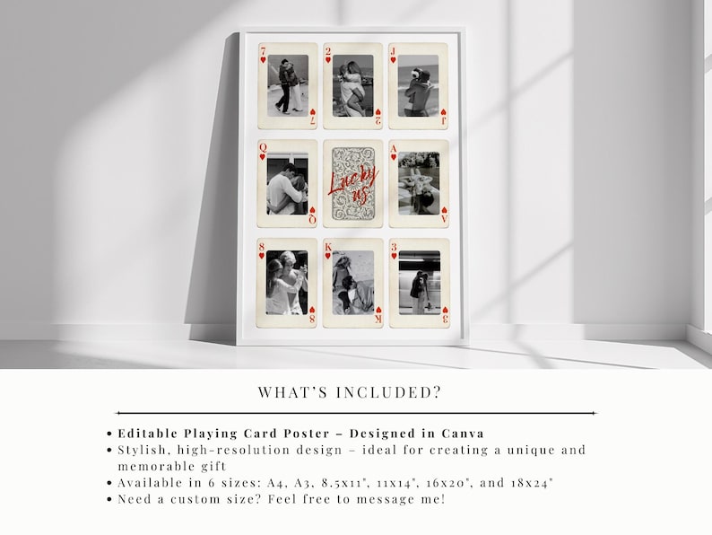 “Lucky Us” couple poster featuring personalized playing cards, perfect romantic gift for boyfriend or girlfriend, Valentine’s Day, anniversary, or last-minute present, editable Canva template, digital download, multiple photos, customizable initials, text, colors and card symbols, modern couple wall art, minimalist romantic home decor, sentimental and lasting keepsake.