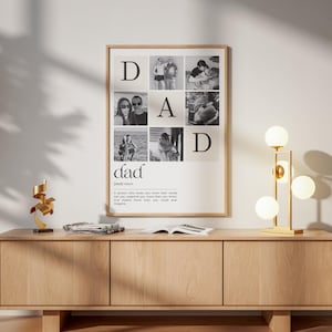 Printable Dad Definition Poster available in multiple print sizes including A4, A3, 8x10, 11x14 and 16x20. Personalized Father's Day gift template editable in Canva. Custom family photo wall art, instant download digital file, meaningful gift for dad, husband or grandpa. Easy home printing or professional print shop option, modern minimalist keepsake design.