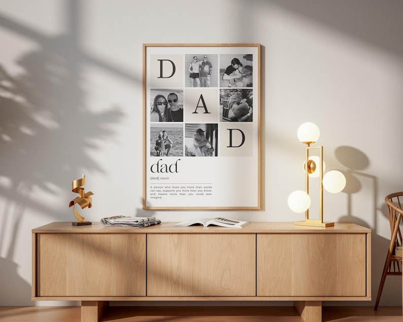 Printable Dad Definition Poster available in multiple print sizes including A4, A3, 8x10, 11x14 and 16x20. Personalized Father's Day gift template editable in Canva. Custom family photo wall art, instant download digital file, meaningful gift for dad, husband or grandpa. Easy home printing or professional print shop option, modern minimalist keepsake design.