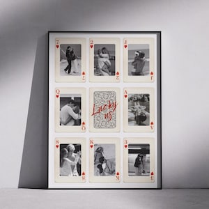 Romantic digital download poster for couples featuring “Lucky Us” playing card design, perfect Valentine’s Day gift, anniversary present, last-minute romantic gift for him or her, fully editable Canva template, add multiple photos, personalize initials, text, colors, layout and card symbols, modern aesthetic wall decor for couples, sentimental and unforgettable keepsake.