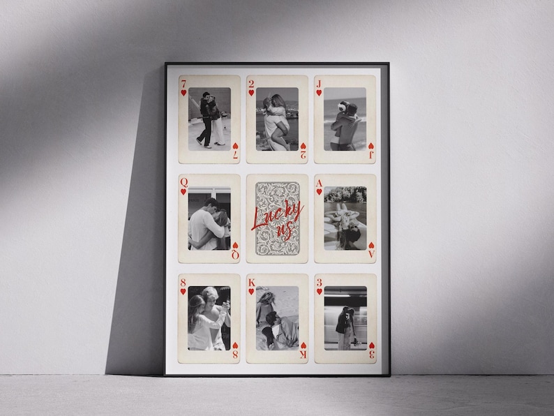 Romantic digital download poster for couples featuring “Lucky Us” playing card design, perfect Valentine’s Day gift, anniversary present, last-minute romantic gift for him or her, fully editable Canva template, add multiple photos, personalize initials, text, colors, layout and card symbols, modern aesthetic wall decor for couples, sentimental and unforgettable keepsake.