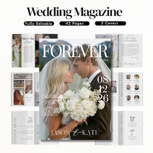 Modèle de Magazine de Mariage Canva, programme de mariage imprimable, livret photo éditable, newsletter de mariage moderne, 42 pages
