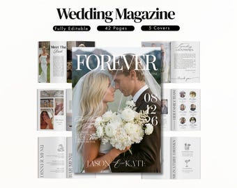 Canva Wedding Magazine Template, printable wedding program, editable photo booklet, modern wedding newsletter, 42 pages, instant download