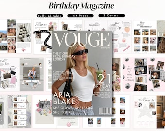 Modello di rivista di compleanno personalizzato – Ricordo in stile Vogue (Download digitale su Canva) Regalo per la migliore amica o la sorella, modello Canva completamente modificabile