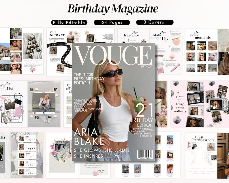Personalized Birthday Vogue magazine template editable in Canva, luxury birthday gift for best friend, custom Vogue inspired birthday magazine for bestie or sister, aesthetic photo collage birthday keepsake, trendy TikTok and Pinterest style birthday newspaper design, printable friendship memory book, girly fashion magazine cover template with editable photos and text, DIY birthday surprise idea for her, modern scrapbook style birthday gift, customizable digital Canva birthday magazine layout.