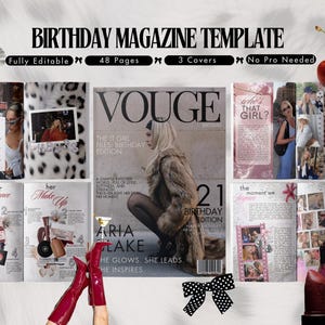 Può includere: Un modello di rivista con il testo "BIRTHDAY MAGAZINE TEMPLATE". Il modello include 48 pagine e 3 copertine. La rivista presenta una copertina con la parola "VOUGE" e il testo "THE IT GIRL FILES: BIRTHAY EDITION".