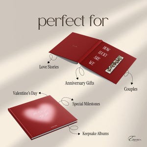 May include: Two red square photo albums. One is open, displaying the text 'HOW LUCKY ARE WE' and a strip of small photos. The other is closed, featuring a soft-focus white heart graphic, the text 'the love of my life', and '12.02.2024'.
