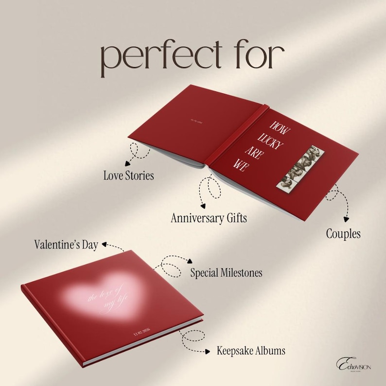 May include: Two red square photo albums. One is open, displaying the text 'HOW LUCKY ARE WE' and a strip of small photos. The other is closed, featuring a soft-focus white heart graphic, the text 'the love of my life', and '12.02.2024'.
