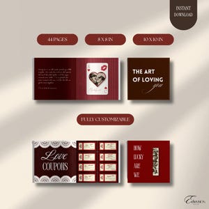 May include: A digital book template featuring 44 pages in 20.32x20.32 cm and 25.4x25.4 cm sizes. The design includes a red and brown colour scheme with text reading THE ART OF LOVING YOU, LOVE COUPONS, and HOW LUCKY ARE WE, alongside a playing card graphic.