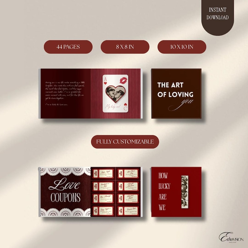 May include: A digital book template featuring 44 pages in 20.32x20.32 cm and 25.4x25.4 cm sizes. The design includes a red and brown colour scheme with text reading THE ART OF LOVING YOU, LOVE COUPONS, and HOW LUCKY ARE WE, alongside a playing card graphic.