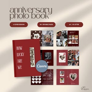 Op de afbeelding: Een jubileumfotoboeksjabloon met een dieprode kaft met de tekst HOW LUCKY ARE WE en een verticale fotostrip. De set bevat 6 omslagontwerpen, 40+ bewerkbare pagina's en opties voor A4- of US Letter-formaten voor digitale aanpassing.
