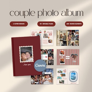 Puede incluir: Una plantilla de álbum de fotos para parejas en color granate con el texto couple photo album, 6 cover designs, 50+ editable pages y 200+ bonus elements. La portada muestra un marco de sello con una foto de pareja y el texto i love you.