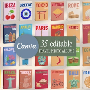 May include: A collection of thirty-five rectangular travel photo album covers featuring various global destinations, landmarks, and cultural icons. Each cover displays a specific location name, year, and graphic illustration in a variety of colors.