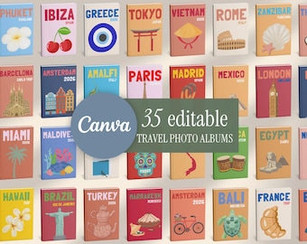 May include: A collection of thirty-five rectangular travel photo album covers featuring various global destinations, landmarks, and cultural icons. Each cover displays a specific location name, year, and graphic illustration in a variety of colours.