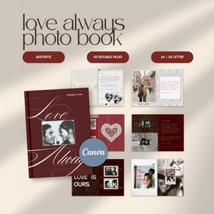 Può includere: Un modello di fotolibro digitale intitolato Love Always Photo Book con 50 pagine modificabili nei formati A4 e US Letter. La copertina rosso scuro presenta la foto di una coppia e un elegante testo in corsivo. Include vari layout di pagina.