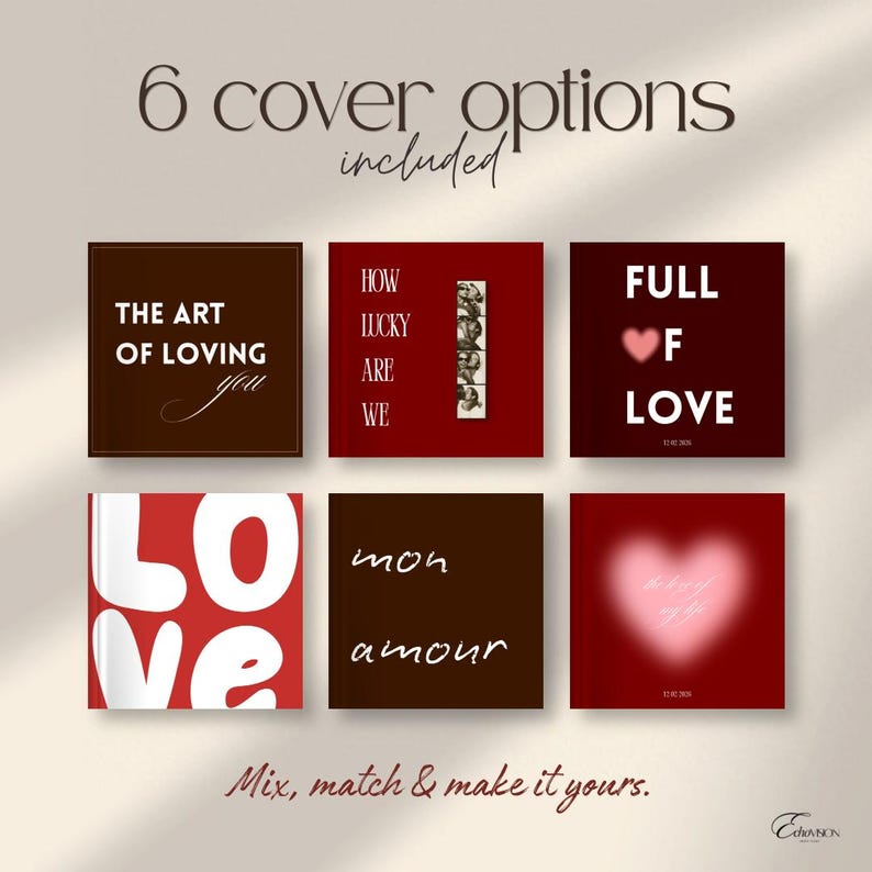 May include: Six square book cover designs in shades of red and brown. Text includes THE ART OF LOVING you, HOW LUCKY ARE WE, FULL OF LOVE with a heart icon, LOVE in large white letters, mon amour, and a blurred pink heart with text below.