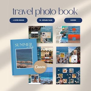 Puede incluir: Una plantilla de libro de fotos de viaje con una cubierta azul claro con el texto Summer in Italy y una foto central de sombrillas de playa. El diseño incluye más de 50 páginas editables, 6 diseños de portada y varios collages de fotos.
