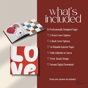 May include: A digital photo book template featuring a red cover with the word LOVE in large white letters. The open book displays pages with black polka dots, a red heart, and photo grids. Text lists 56 pages, 6 cover options, and Canva editability.