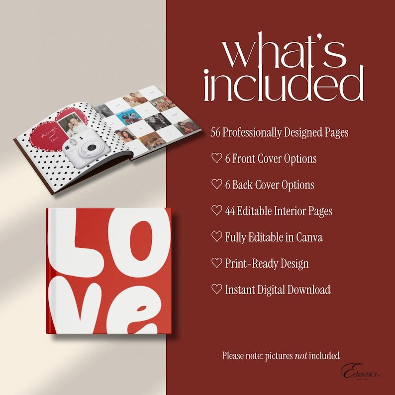 May include: A digital photo book template featuring a red cover with the word LOVE in large white letters. The open book displays pages with black polka dots, a red heart, and photo grids. Text lists 56 pages, 6 cover options, and Canva editability.