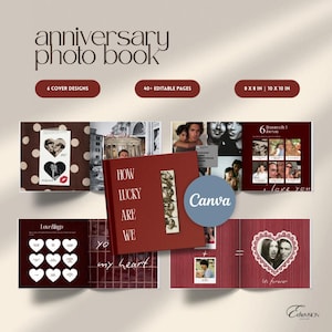 Op de afbeelding: Een jubileum fotoboek sjabloon met een donkerrode kaft met de tekst How Lucky Are We en een verticale fotostrip. De lay-out bevat 40+ bewerkbare pagina's, 6 omslagontwerpen en opties voor formaten van 20,32 x 20,32 cm of 25,4 x 25,4 cm.