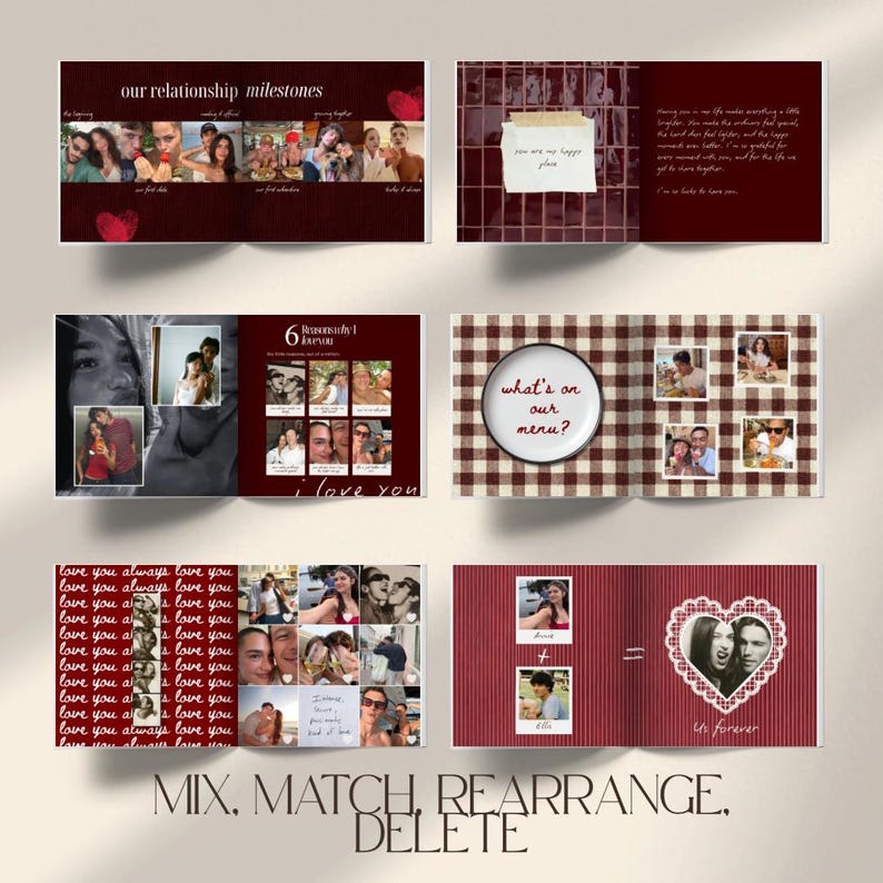 May include: A custom photo book layout featuring multiple pages with red and white themes, including photo collages, handwritten-style text, heart graphics, and a gingham pattern. The pages display various couple photos and captions like our relationship milestones, 6 reasons I love you, and what's on our menu.
