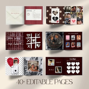 May include: A photo book with 40 editable pages featuring romantic layouts, including a love mail envelope, photo collages, a tic-tac-toe game, a CD case, a camera graphic, and a love bingo card with heart shapes, all in a red and white theme.