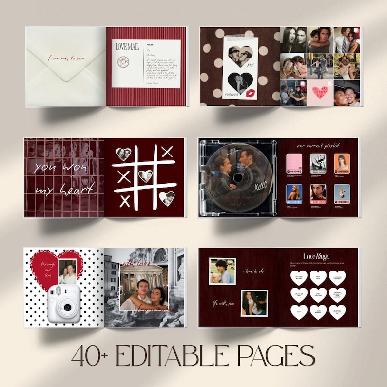 May include: A photo book with 40 editable pages featuring romantic layouts, including a love mail envelope, photo collages, a tic-tac-toe game, a CD case, a camera graphic, and a love bingo card with heart shapes, all in a red and white theme.