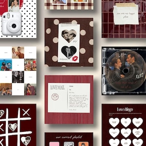 May include: A collage of romantic-themed items including a white instant camera, a CD case with the text XOXO, a Love Mail postcard, a Love Bingo card with heart shapes, and various photo prints featuring couples and handwritten notes on patterned backgrounds.