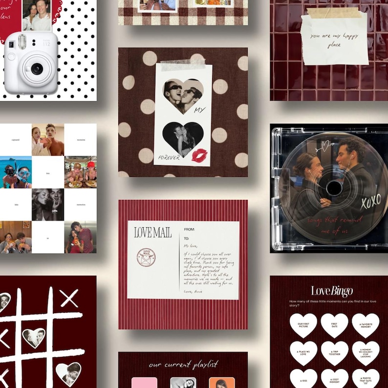 May include: A collage of romantic-themed items including a white instant camera, a CD case with the text XOXO, a Love Mail postcard, a Love Bingo card with heart shapes, and various photo prints featuring couples and handwritten notes on patterned backgrounds.