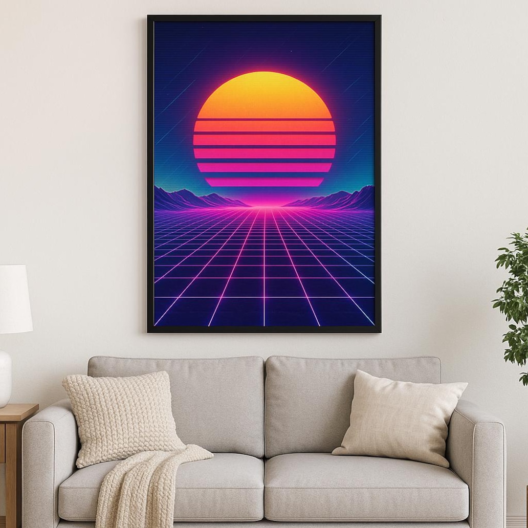 Synthwave Sunset Neon Grid | Retro 80s Wall Art | Digital Download ...