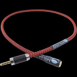 May include: Red and black audio cable with a 3.5mm jack and a female connector. The cable has a braided design and features the brand name "MILIAN ACOUSTICS" printed on the connectors. The background is black.
