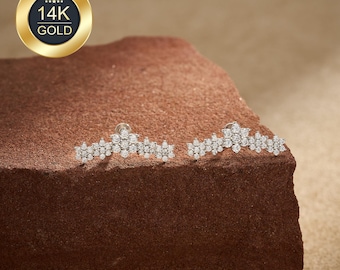 14K CZ Flower Stud Earring, Danity Ear Climber, Threadless Flat Back Earring, Helix Piercing, Jewelry Gifts