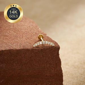 May include: A gold-colored curved earring with multiple small, clear gemstones. The earring is set against a textured, reddish-brown surface. A gold-colored circular emblem with the text "14K GOLD" is in the upper left corner.