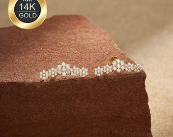 14K CZ Ear Climber, Threadless Flower Cartilage Earring Stud, Conch Jewelry, Push Pin Flat Back Stud, Gifts