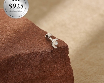 Moon Flat Back Stud Earring • Internally Threaded Helix Earring • Cartilage Piercing • 925 Sterling Silver • Minimalist Earring • Gifts