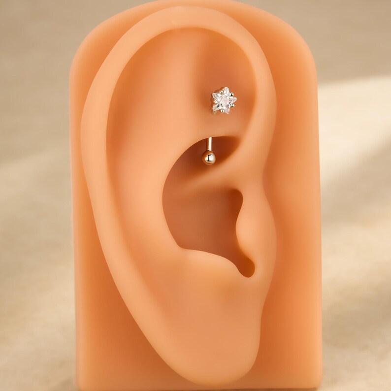 Star Rook Piercing 925 Sterling Silver Rook Earring, CZ Star Rook Piercing, Curved Barbell ...