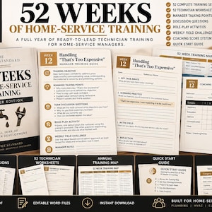 May include: A digital training program titled 52 Weeks of Home-Service Training, featuring a manager edition book, technician worksheets, a 52-week training map, coaching score sheets, and a quick start guide, totaling 110 pages for home-service teams.