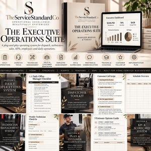 May include: The Executive Operations Suite by The ServiceStandardCo is a business toolkit featuring a manual, laptop displaying an executive dashboard, and various printable documents including checklists, call scripts, and technician check-in forms.