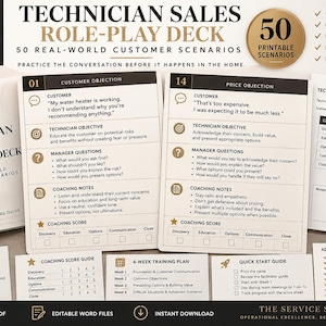May include: A Technician Sales Role-Play Deck featuring 50 printable customer scenarios. The set includes a manager training guide, individual scenario cards for customer and price objections, a technician role-play score sheet, and a 4-week training plan.