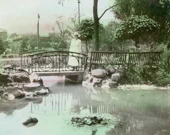 Antique RPPC Hand Tinted Colored Real Photo Postcard - "Finding Romantic Parks" - Vintage Photograph, Woman Bridge, Pond Water - 70