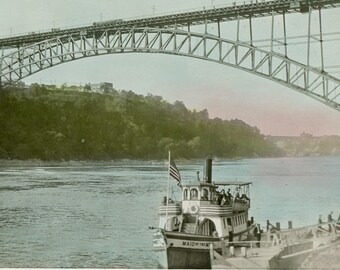 Identified Location, Circa 1920s: Antique RPPC Real Photo Postcard, Hand Colored Tinted - Maid of the Mist, Niagara Falls, Bridge - 32