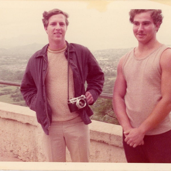 Vintage 1973 Color Photo - "High View Photography" - Man Holding Camera, Men Sightseeing, Vacation Memories - 34