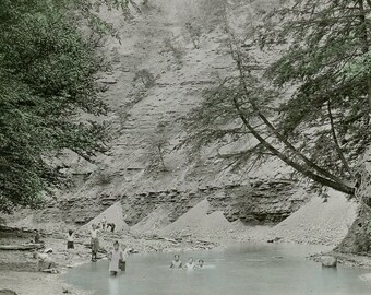 STUNNING Antique 1925 RPPC Real Photo Postcard, Lightly Hand-Tinted, Colored - "The Swimming Hole" - Americana Good Old Days, Nature