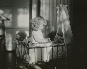 Antique Photograph - "The Pretend Mother" - Little Girl Playing with Doll, Baby Crib, Sweet Adorable Picture - 108